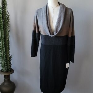Connected Apparel cowl neck black, gray, and tan sweater dress NWT